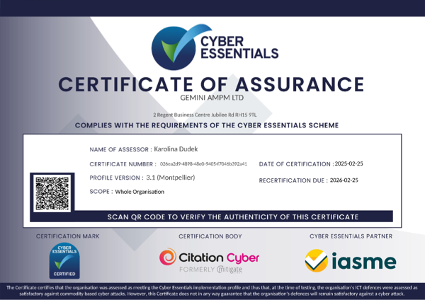 Gemini AMPM Cyber Essentials certificate