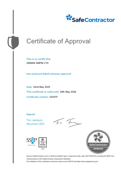 Gemini AMPM SafeContractor certificate